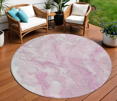8' Pink And Silver Round Abstract Washable Indoor Outdoor Area Rug