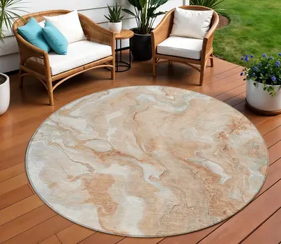 8' Salmon And Silver Round Abstract Washable Indoor Outdoor Area Rug
