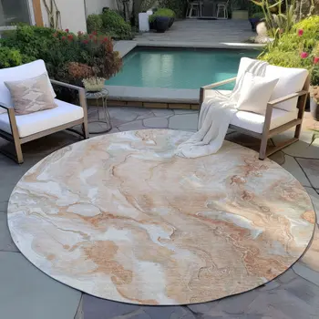 8' Salmon And Silver Round Abstract Washable Indoor Outdoor Area Rug