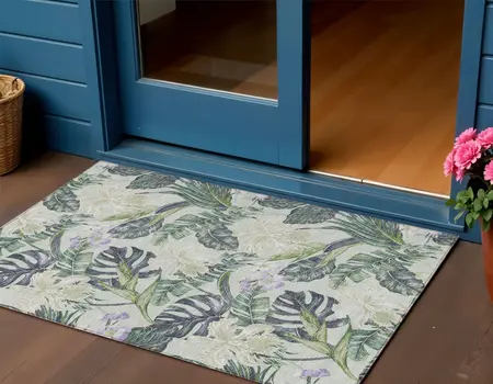 3' X 5' Artichoke Green Lavender And Ivory Botanical Leaves Washable Indoor Outdoor Area Rug