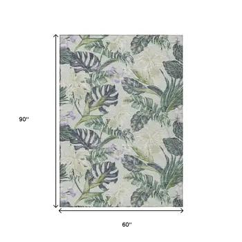 5' X 8' Artichoke Green Lavender And Ivory Botanical Leaves Washable Indoor Outdoor Area Rug