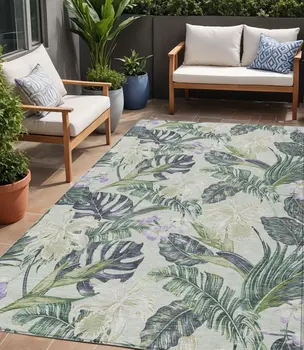 5' X 8' Artichoke Green Lavender And Ivory Botanical Leaves Washable Indoor Outdoor Area Rug