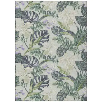 5' X 8' Artichoke Green Lavender And Ivory Botanical Leaves Washable Indoor Outdoor Area Rug