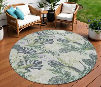 8' Artichoke Green Lavender And Ivory Round Botanical Leaves Washable Indoor Outdoor Area Rug