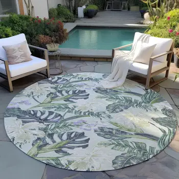 8' Artichoke Green Lavender And Ivory Round Botanical Leaves Washable Indoor Outdoor Area Rug