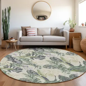 8' Artichoke Green Lavender And Ivory Round Botanical Leaves Washable Indoor Outdoor Area Rug