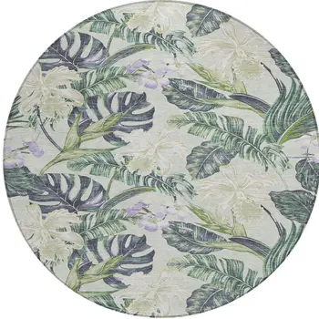 8' Artichoke Green Lavender And Ivory Round Botanical Leaves Washable Indoor Outdoor Area Rug