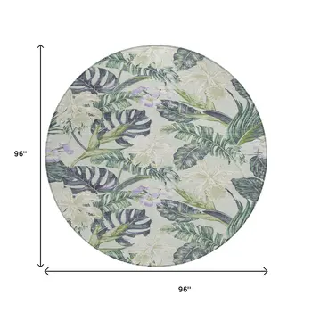 8' Artichoke Green Lavender And Ivory Round Botanical Leaves Washable Indoor Outdoor Area Rug