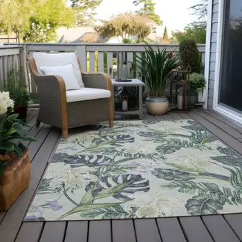 9' X 12' Artichoke Green Lavender And Ivory Botanical Leaves Washable Indoor Outdoor Area Rug