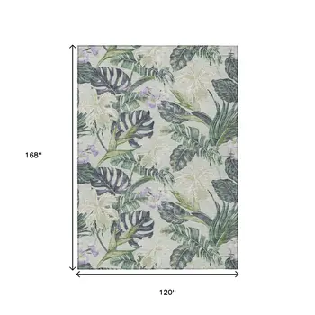 10' X 14' Artichoke Green Lavender And Ivory Botanical Leaves Washable Indoor Outdoor Area Rug