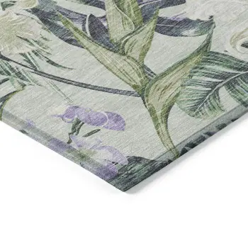 10' X 14' Artichoke Green Lavender And Ivory Botanical Leaves Washable Indoor Outdoor Area Rug