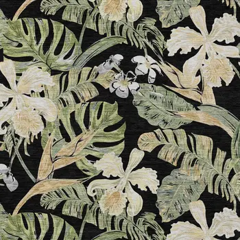 3' X 5' Black Beige And Fern Green Botanical Leaves Washable Indoor Outdoor Area Rug