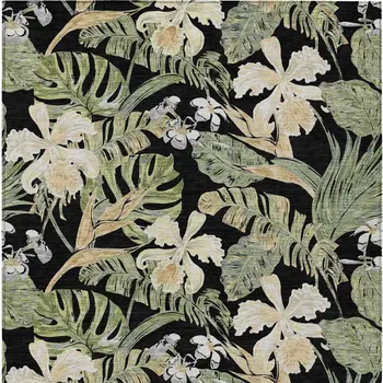 5' X 8' Black Beige And Fern Green Botanical Leaves Washable Indoor Outdoor Area Rug