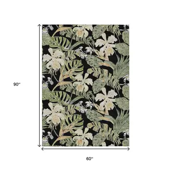 5' X 8' Black Beige And Fern Green Botanical Leaves Washable Indoor Outdoor Area Rug
