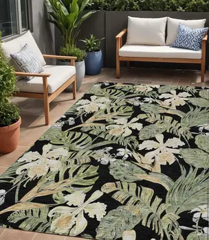 5' X 8' Black Beige And Fern Green Botanical Leaves Washable Indoor Outdoor Area Rug