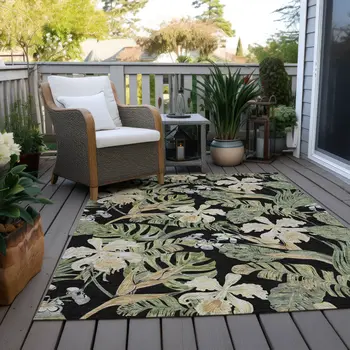 5' X 8' Black Beige And Fern Green Botanical Leaves Washable Indoor Outdoor Area Rug
