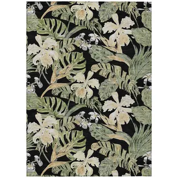 5' X 8' Black Beige And Fern Green Botanical Leaves Washable Indoor Outdoor Area Rug