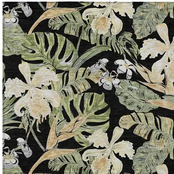 5' X 8' Black Beige And Fern Green Botanical Leaves Washable Indoor Outdoor Area Rug
