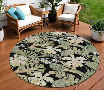 8' Black Beige And Fern Green Round Botanical Leaves Washable Indoor Outdoor Area Rug
