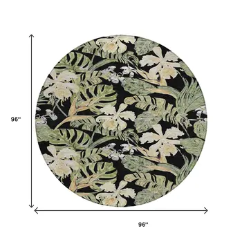 8' Black Beige And Fern Green Round Botanical Leaves Washable Indoor Outdoor Area Rug