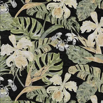 9' X 12' Black Beige And Fern Green Botanical Leaves Washable Indoor Outdoor Area Rug