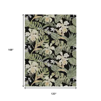 10' X 14' Black Beige And Fern Green Botanical Leaves Washable Indoor Outdoor Area Rug