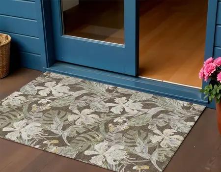 3' X 5' Brown Beige And Olive Green Botanical Leaves Washable Indoor Outdoor Area Rug