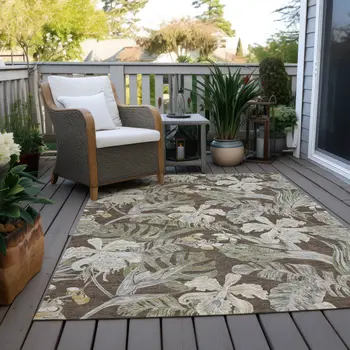 3' X 5' Brown Beige And Olive Green Botanical Leaves Washable Indoor Outdoor Area Rug