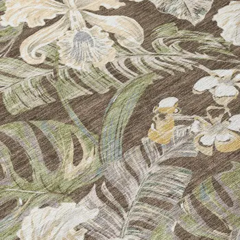 3' X 5' Brown Beige And Olive Green Botanical Leaves Washable Indoor Outdoor Area Rug