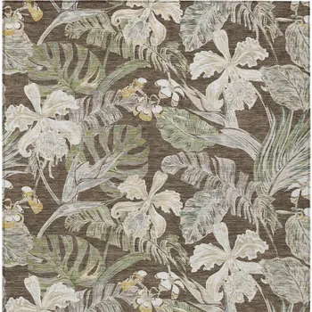 5' X 8' Brown Beige And Olive Green Botanical Leaves Washable Indoor Outdoor Area Rug