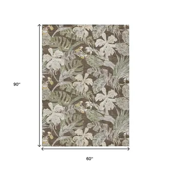 5' X 8' Brown Beige And Olive Green Botanical Leaves Washable Indoor Outdoor Area Rug