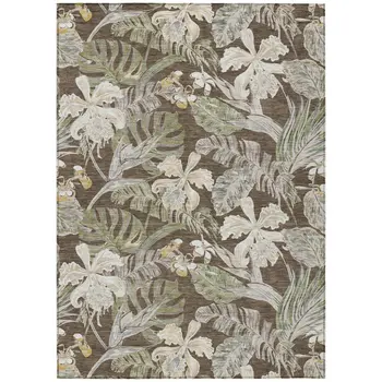 5' X 8' Brown Beige And Olive Green Botanical Leaves Washable Indoor Outdoor Area Rug