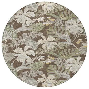 8' Brown Beige And Olive Green Round Botanical Leaves Washable Indoor Outdoor Area Rug