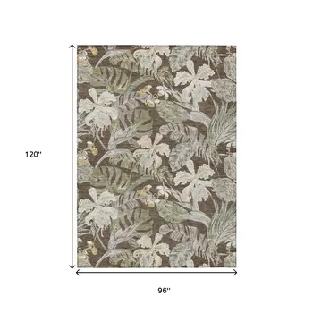 8' X 10' Brown Beige And Olive Green Botanical Leaves Washable Indoor Outdoor Area Rug