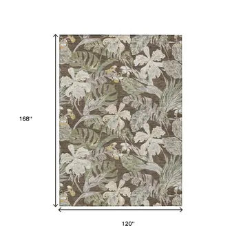 10' X 14' Brown Beige And Olive Green Botanical Leaves Washable Indoor Outdoor Area Rug