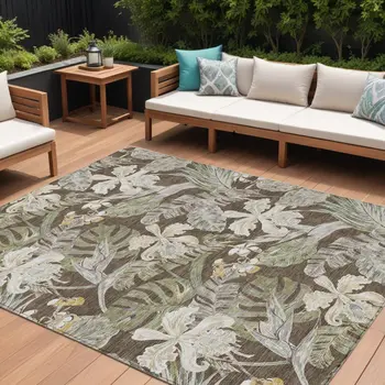 10' X 14' Brown Beige And Olive Green Botanical Leaves Washable Indoor Outdoor Area Rug