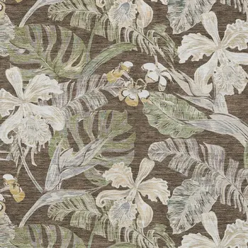 10' X 14' Brown Beige And Olive Green Botanical Leaves Washable Indoor Outdoor Area Rug