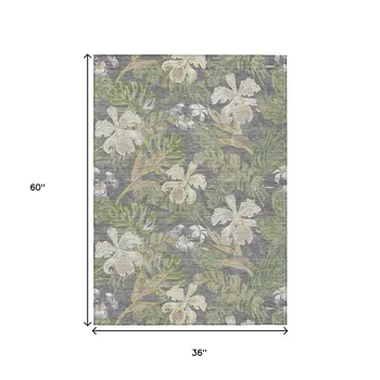 3' X 5' Gray Beige And Olive Green Botanical Leaves Washable Indoor Outdoor Area Rug