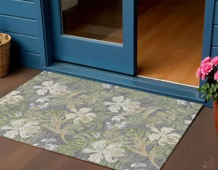 3' X 5' Gray Beige And Olive Green Botanical Leaves Washable Indoor Outdoor Area Rug