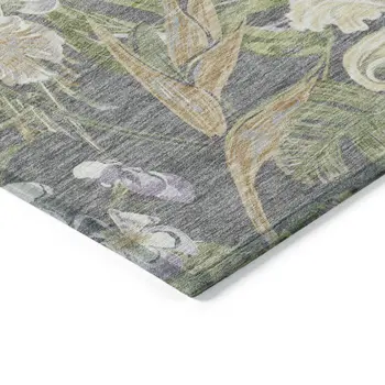 3' X 5' Gray Beige And Olive Green Botanical Leaves Washable Indoor Outdoor Area Rug