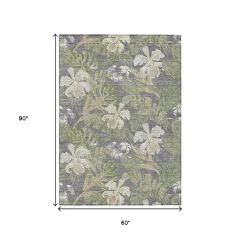 5' X 8' Gray Beige And Olive Green Botanical Leaves Washable Indoor Outdoor Area Rug