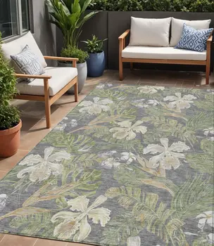 5' X 8' Gray Beige And Olive Green Botanical Leaves Washable Indoor Outdoor Area Rug