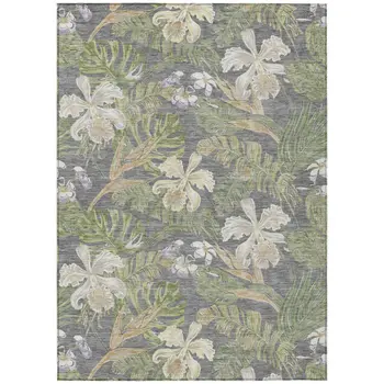 5' X 8' Gray Beige And Olive Green Botanical Leaves Washable Indoor Outdoor Area Rug