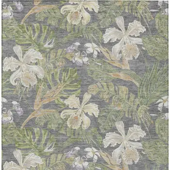 5' X 8' Gray Beige And Olive Green Botanical Leaves Washable Indoor Outdoor Area Rug