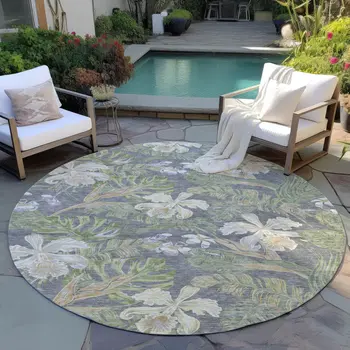 8' Gray Beige And Olive Green Round Botanical Leaves Washable Indoor Outdoor Area Rug