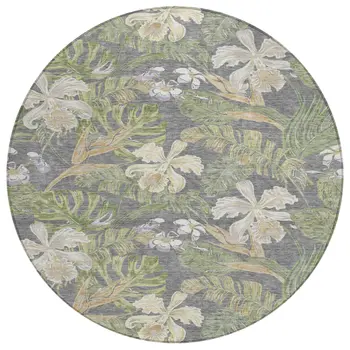 8' Gray Beige And Olive Green Round Botanical Leaves Washable Indoor Outdoor Area Rug
