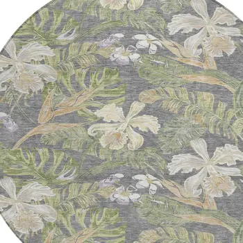 8' Gray Beige And Olive Green Round Botanical Leaves Washable Indoor Outdoor Area Rug