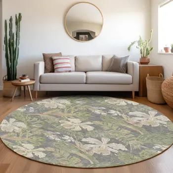 8' Gray Beige And Olive Green Round Botanical Leaves Washable Indoor Outdoor Area Rug