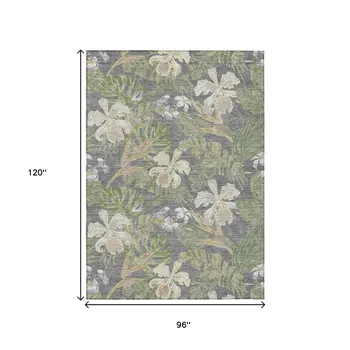 8' X 10' Gray Beige And Olive Green Botanical Leaves Washable Indoor Outdoor Area Rug