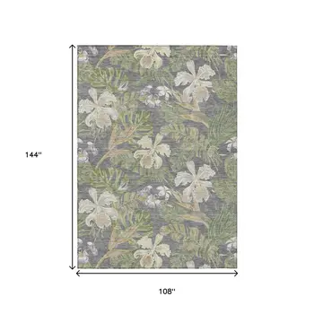 9' X 12' Gray Beige And Olive Green Botanical Leaves Washable Indoor Outdoor Area Rug